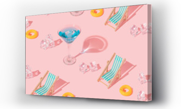 Wizualizacja Obrazu : #607280120 Summer creative pattern with martini coctail glass, duck swim ring, beach chair and ice cubes on pink background. 80s or 90s retro aesthetic idea. Minimal summer coctail idea.