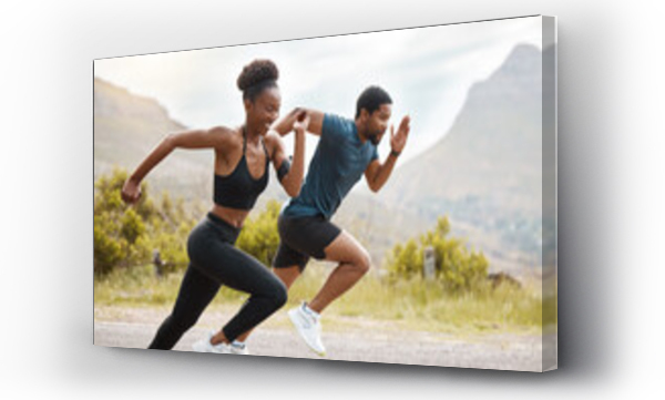 Wizualizacja Obrazu : #607692008 Fitness, exercise and black couple running, outdoor and workout goal with endurance, cardio and self care. Runners, man and woman in the street, run or training with progress, health and wellness