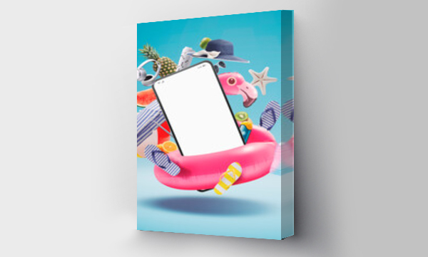 Wizualizacja Obrazu : #609722825 Smartphone, inflatable flamingo and beach accessories