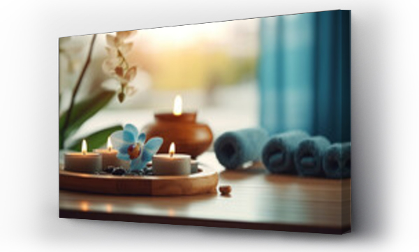 Wizualizacja Obrazu : #610664279 Calming spa composition on massage table in wellness center, serenity, peace, calm, stress-free