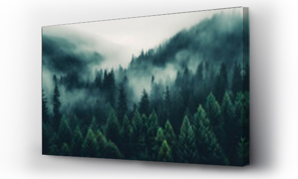 Wizualizacja Obrazu : #610920514 Misty landscape with fir forest in vintage retro style. Generative AI