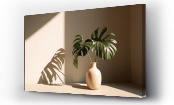 Wizualizacja Obrazu : #610970171 Modern summer minimal of plant in sunlight with long shadows on beige wall background, copy space interior lifestyle Mediterranean scene