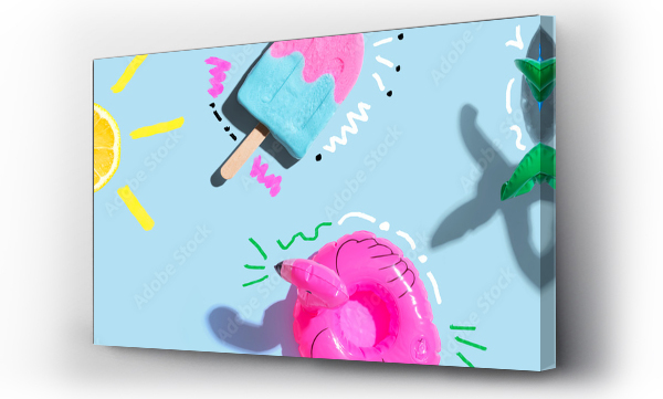 Wizualizacja Obrazu : #617640971 Summer concept with a flamingo float, lemon sunlight and a popsicle - flat lay