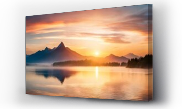 Wizualizacja Obrazu : #618865333 An image of a vibrant sunset over a serene lake, with colorful reflections shimmering on the water