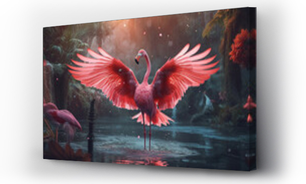 Wizualizacja Obrazu : #619143401 Pink flamingo beautiful in the  fantasy forest.Generative Ai.