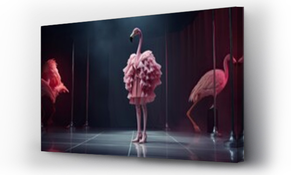Wizualizacja Obrazu : #619465776  Illustration of a flamingo wearing a dress like a model walks down the fashion runway or catwalk. The stage lights are focused on it. Generative Ai.