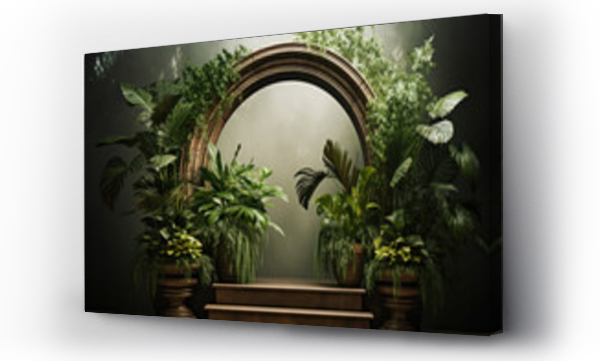 Wizualizacja Obrazu : #620171817 Podium pedestal in tropical forest garden green plant. Nature and Organic cosmetic and food presentation theme. Natural product present placement display, spring summer concept. Generative AI