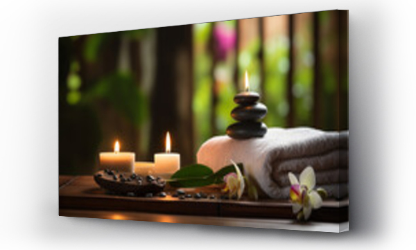 Wizualizacja Obrazu : #620368489 Towel on fern with candles and black hot stone on wooden background. Hot stone massage setting lit by candles. Massage therapy for one person with candle light. Beauty spa treatment and relax concept.