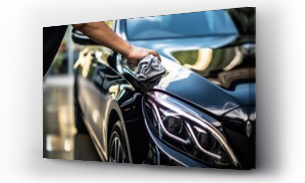 Wizualizacja Obrazu : #620455690 A man cleaning car with microfiber cloth, car detailing (or valeting) concept. Car wash background.