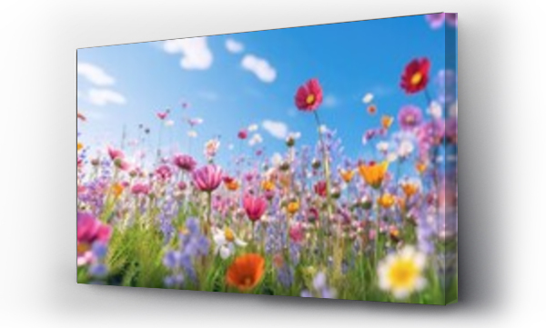 Wizualizacja Obrazu : #620598232 beautiful flowers bloom with blue sky in the spring field, soft focus, generative ai.