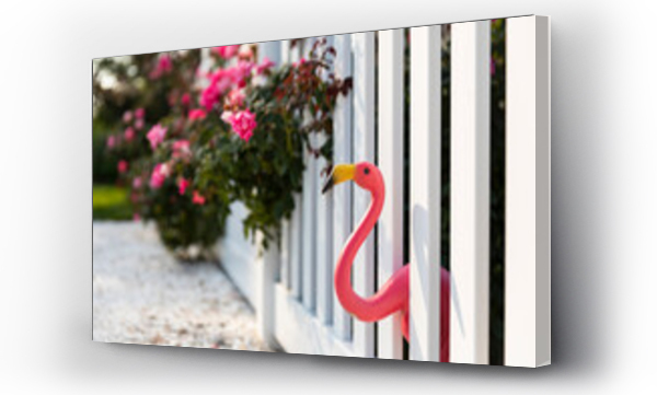 Wizualizacja Obrazu : #620711353 White Fence with roses and pink plastic flamingo 