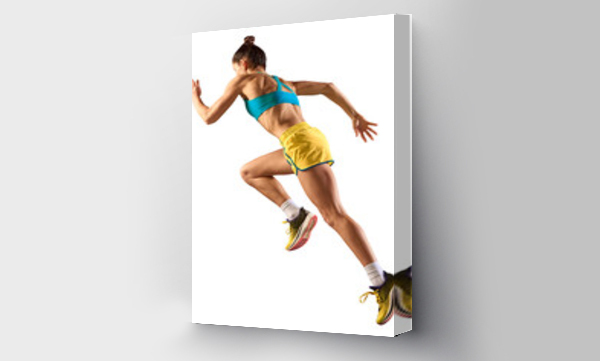 Wizualizacja Obrazu : #622286084 Side view image of young musuclar woman, professional runner, athlete in motion, training isolated over transparent background