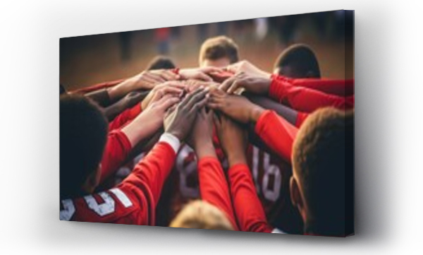 Wizualizacja Obrazu : #622526945 Teenage boy high school football team connecting hands in huddle  - Generative AI