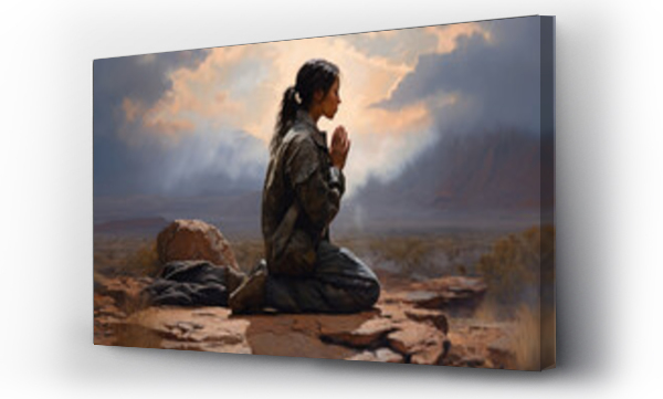 Wizualizacja Obrazu : #624306333 Woman soldier praying in the desert with mountains and clouds in the background