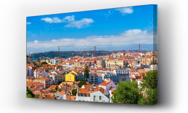 Wizualizacja Obrazu : #625313022 Lisbon famous panorama from Miradouro dos Barros tourist viewpoint over Alfama old district with St. Georges Castle, Portugal flag, 25th of April Bridge, Christ the King statue. Lisbon, Portugal.