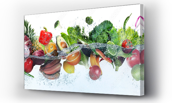 Wizualizacja Obrazu : #625736404 Many fruits and vegetables falling into water against white background