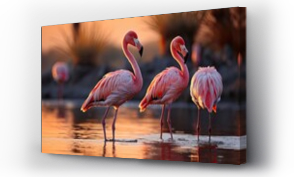 Wizualizacja Obrazu : #626170473 A group of flamingos (Phoenicopterus ruber) standing in the shallow waters of Tanzanias Lake Natron, their pink bodies reflected perfectly in the calm, salty water under the setting sun.