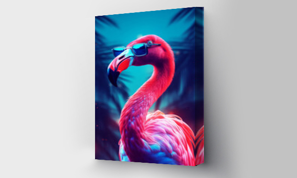 Wizualizacja Obrazu : #627294903 pink flamingo with sunglasses standing, neon retro style, light crimson and dark azure, close-up,  exotic 