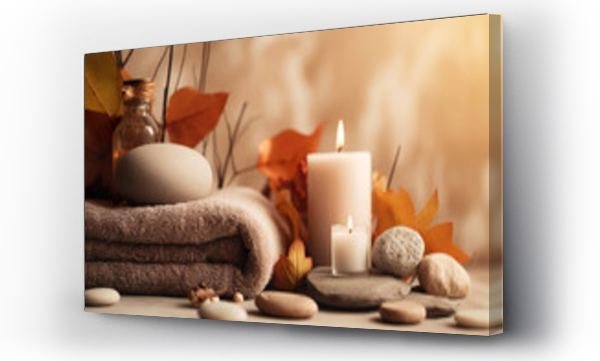 Wizualizacja Obrazu : #629936875 Autumn spa scene with candles, stones and towel, in earthy tones. 