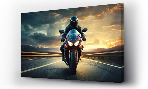 Wizualizacja Obrazu : #630330077 Driver riding motocycle on empty road in sunset light.  Panorama photo.