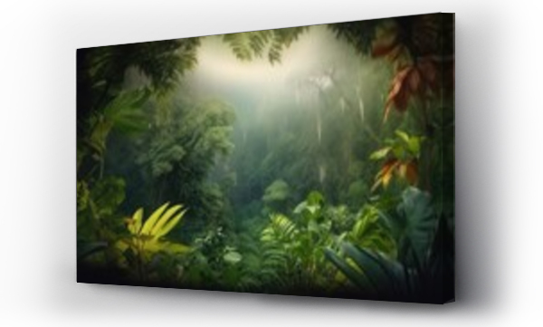 Wizualizacja Obrazu : #630389925 Beautiful jungle background with border made of tropical leaves. Exotic outdoor backdrop with copy space.