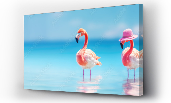 Wizualizacja Obrazu : #631427326 Travel and resort banner with funny pink flamingos standing in clear blue sea with clear sunny sky. Concept of summer vacation, traveling and resting on sea resort. Banner size,  copy space