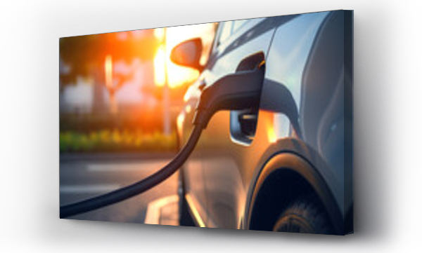 Wizualizacja Obrazu : #631483901 Eco power. electric vehicle charging station with power cable supply plugged station, EV charging station, green energy, blue power, electric energy, technology and EV Car concept. Generative AI