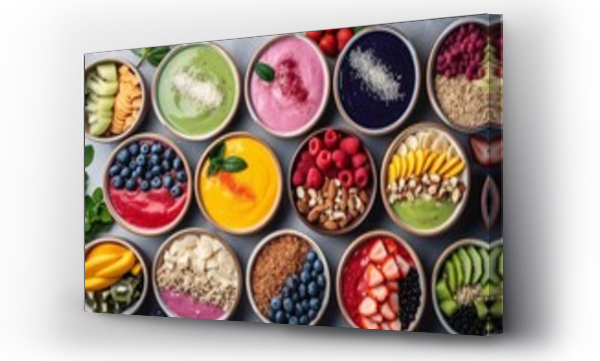 Wizualizacja Obrazu : #631668599 Assortment of fruit smoothies. Fruit slices on a fruit smoothie. Healthy smoothies bowls with berries, chia seeds and oat flakes.