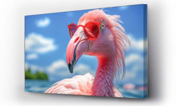 Wizualizacja Obrazu : #632563843 Flamingos wearing sunglasses to block the suns rays from the blue sky on a tropical island. Travel concept.