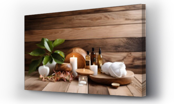 Wizualizacja Obrazu : #632672807 Beautiful spa composition on wooden background. Natural skincare cosmetic products