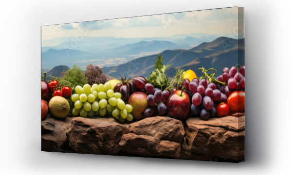Wizualizacja Obrazu : #633504493 Group of fruits and vegetables, mountain landscape background, healthy eating  and vegan concept, diet