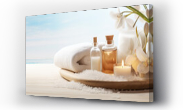 Wizualizacja Obrazu : #633877829 Beauty treatment items for spa procedures on white wooden table. Massage stones, essential oils and sea salt, white lighting, wallpaper for website banner.