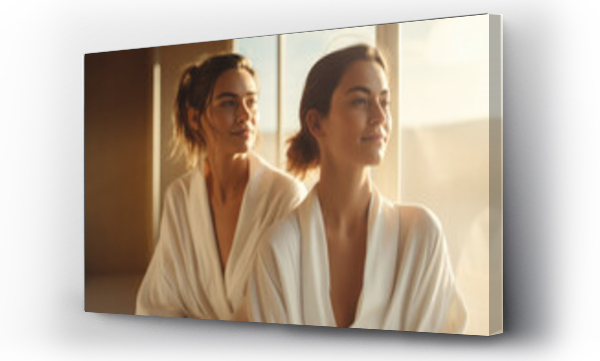 Wizualizacja Obrazu : #633982439 Two women in white bathrobes enjoying a nice day at the spa