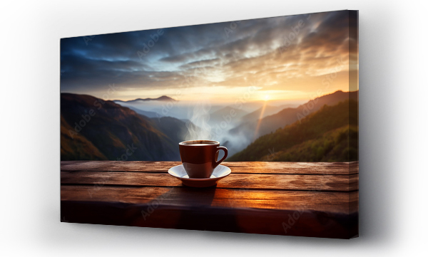 Wizualizacja Obrazu : #634125274 A cup of hot morning coffee with steam on a wooden table against a background of sunrise scene in the mountains. Wide scale panoramic image created by Generative AI
