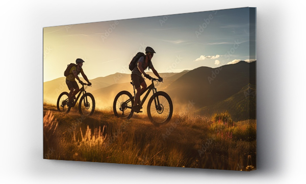 Wizualizacja Obrazu : #634144089 Three friends on electric bicycles enjoying a scenic ride through beautiful mountains