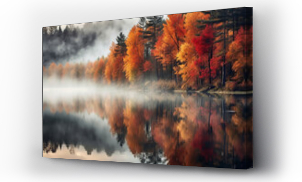 Wizualizacja Obrazu : #634400536 Lake and a forest in a morning mist, autumn scenery with red leaves