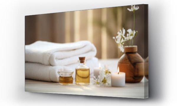 Wizualizacja Obrazu : #634637857 Spa decoration with candle, daisies , white flowers and a bottle with massage oil, beauty wellness centre. Spa product are placed in luxury spa resort room.
