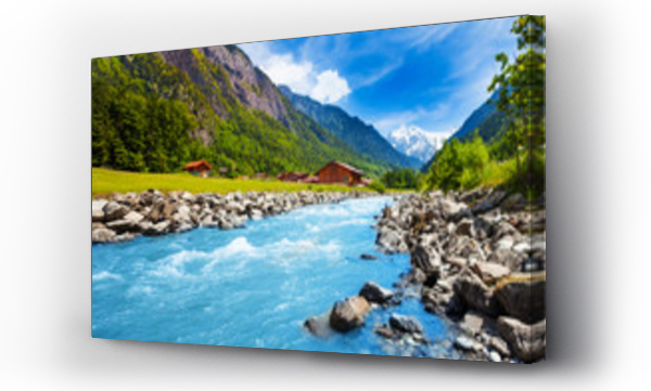 Wizualizacja Obrazu : #63529854 Szwajcarski krajobraz z rzeką strumień i domy