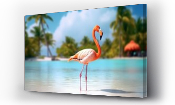 Wizualizacja Obrazu : #635395385 Pink flamingo in the water on a background of blue sky.