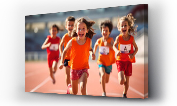Wizualizacja Obrazu : #635713542 Group of children filled with joy and energy running on athletic track, children healthy active lifestyle concept