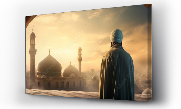 Wizualizacja Obrazu : #635777441 Muslim imam looking at beautiful mosque. Islam religion concept. Generative AI.	
