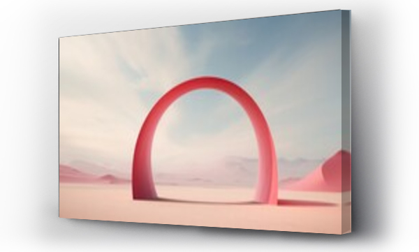 Wizualizacja Obrazu : #636517485 Amidst the desert landscape, a striking red arch emerges, embodying the essence of colorful surrealism. This vibrant creation injects a burst of energy into the arid surroundings