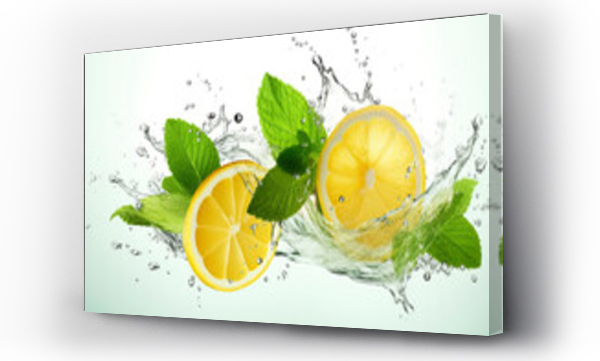 Wizualizacja Obrazu : #636533780 Fresh lemon and mint falling into water with splash, isolated on white background.