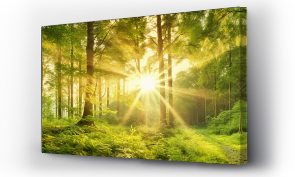 Wizualizacja Obrazu : #636643434 Sun shinning through the thick forest in summer.