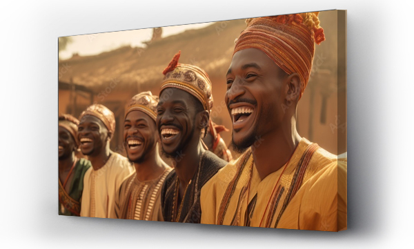Wizualizacja Obrazu : #636695065 Men of African descent wearing traditional outfit smiling and laughing together.