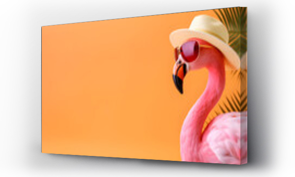Wizualizacja Obrazu : #636892475 Pink flamingo with sunglasses and hat under palm leaf on plain orange summer background with copy space