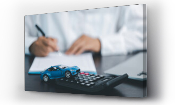 Wizualizacja Obrazu : #636907817 Blue Toy Car In Front Of Businessman Calculating Loan. Saving money for car concept, trade car for cash concept, finance concept.