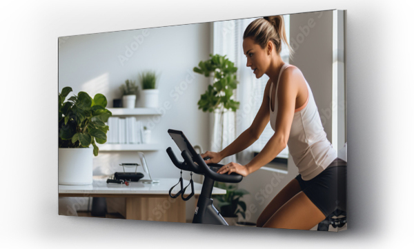 Wizualizacja Obrazu : #637263831 Woman engaging in an online fitness class with a stationary bike