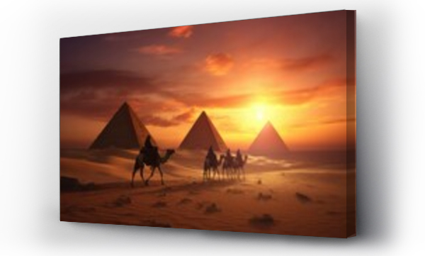 Wizualizacja Obrazu : #637513918 Pyramids in the desert and camels passing by at sunset created with Generative AI