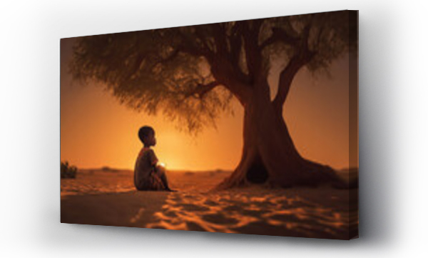 Wizualizacja Obrazu : #637973456 Little pensive African boy sitting on the sand under a tree with a sunset in the background. The problem of drinking water in Africa. Drought. Generated by AI